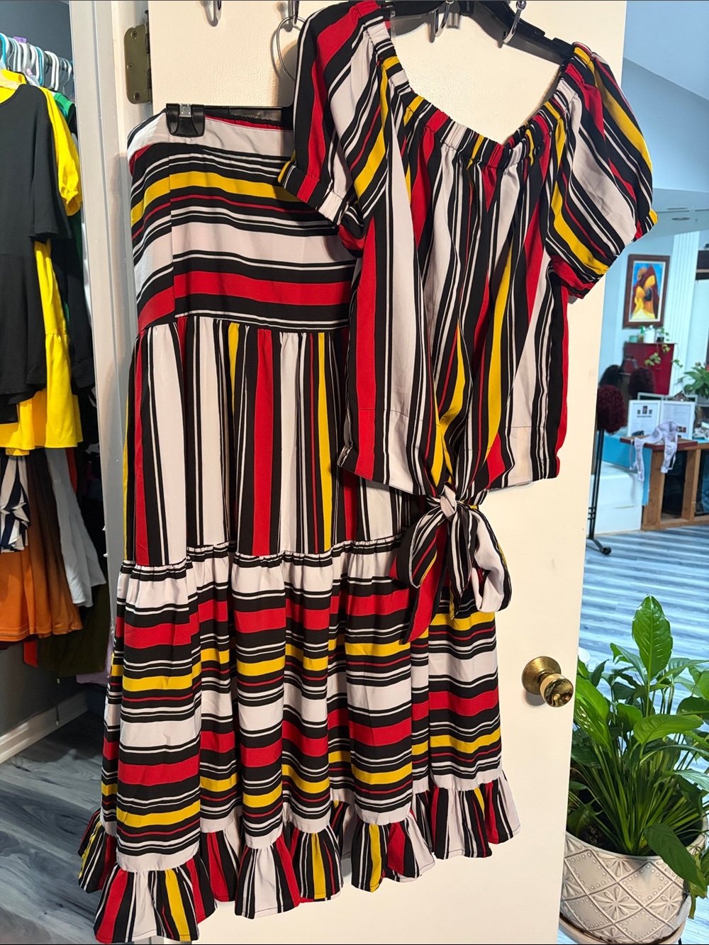 Ashley Stewart Red, Black, White & Yellow Striped Maxi Dress Set